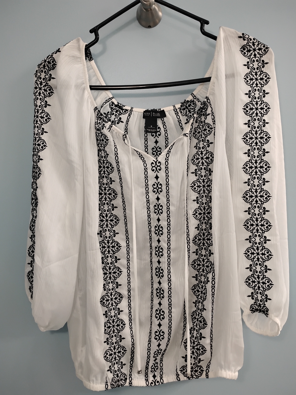 White Embroidered Peasant Blouse - Black Pattern Size 8